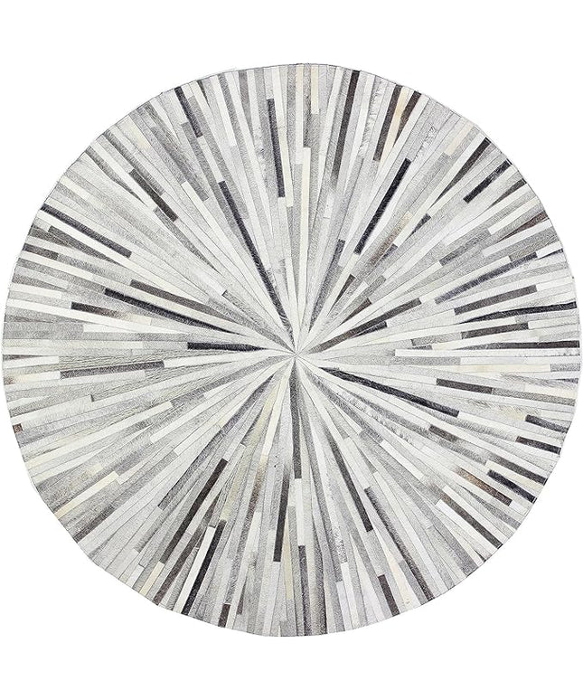 Premium Cowhide Leather Round Area Rug, Hand Made House Carpet for Living Room, Bedroom, Entryway, Stripes Patterned, Color: Grey, Size: 9X9 ft
