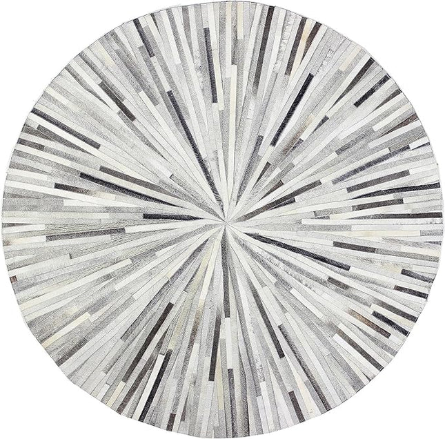 Cowhide Leather Round Area Rug, Luxury Handmade Round Leather Carpets for Living Room, Bedroom, Entryway, Stripes Patterned, Color: Grey, Size: 4X4 ft