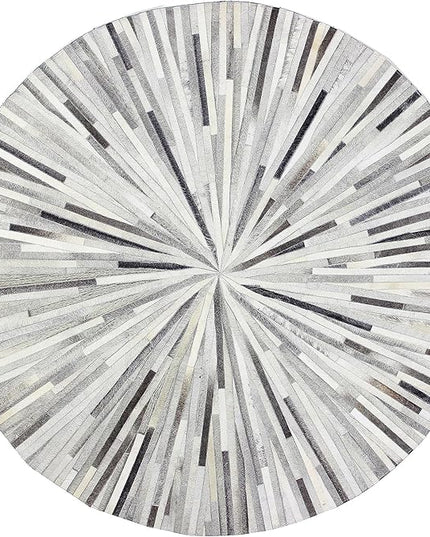 Premium Cowhide Leather Round Area Rug, Hand Made House Carpet for Living Room, Bedroom, Entryway, Stripes Patterned, Color: Grey, Size: 8X8 ft