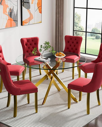 HomVent 7 Piece Round Glass Dining Table Set, Tempered Glass Dinner Table Set for 6 Kitchen Table Set with 6 Velvet Upholstered Chairs for Kitchen Dining Room