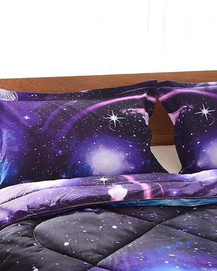 Wowelife Galaxy Comforter Set Full 5 Pieces Bedding Set Blue 3D Galaxy Kids Bedding Set Bed in a Bag for Boys and Girls with Comforter, Flat Sheet, Fitted Sheet and 2 Pillowcases