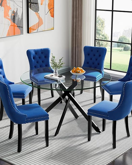 HomVent 7 Piece Round Glass Dining Table Set, Tempered Glass Dinner Table Set for 6 Kitchen Table Set with 6 Velvet Upholstered Chairs for Kitchen Dining Room