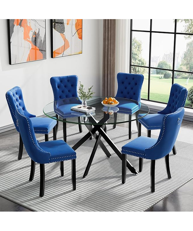 HomVent 7 Piece Round Glass Dining Table Set, Tempered Glass Dinner Table Set for 6 Kitchen Table Set with 6 Velvet Upholstered Chairs for Kitchen Dining Room