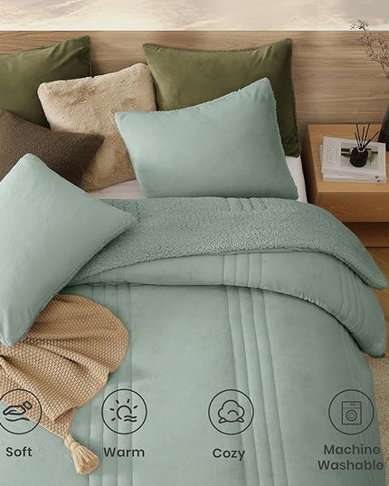 Monbix Fluffy King Size Comforter Set Sage Green, Sherpa Plush Fuzzy Comforter 3 Piece for King Size Bed, Luxury Soft Winter Warm Bedding Set
