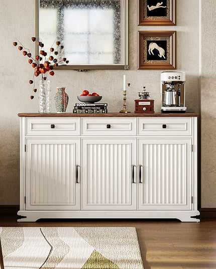IRONCK Fluted Buffet Sideboard Cabinet with 3 Drawers, 52.9" Farmhouse Large Buffet Table with 3 Doors, Coffee Bar with Adjustable Shelf, Modern Storage Cabinet for Kitchen, Living, Dining Room, White
