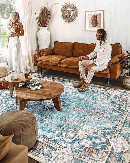 MUJOO Teal Rug 8'x10' Area Rugs for Living Room Blue Washable Rugs Large Rug Boho Rug 8'x10' for Bedroom Non Slip Abstract Soft Low-Pile Floral Colorful Flowers
