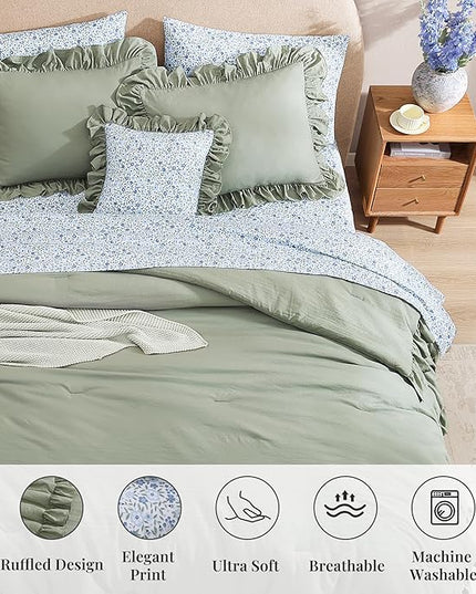 Full Comforter Set - 7 Pieces Ruffle Sage Green Bedding Sets, Shabby Chic Farmhouse Bed in a Bag Full with Ruffle Comforter, Floral Sheets, Pillowcases & Shams