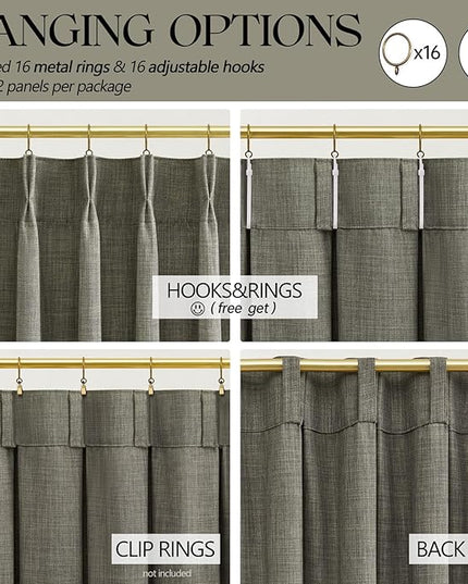 Pinch Pleated Green Linen Curtains Light Filtering 86 Inches Long Drapes for Bedroom,Memory Train Shaped Pleat Curtain for Living Room and Track System Moss Boho Farmhouse with Back Tab 2 Panels