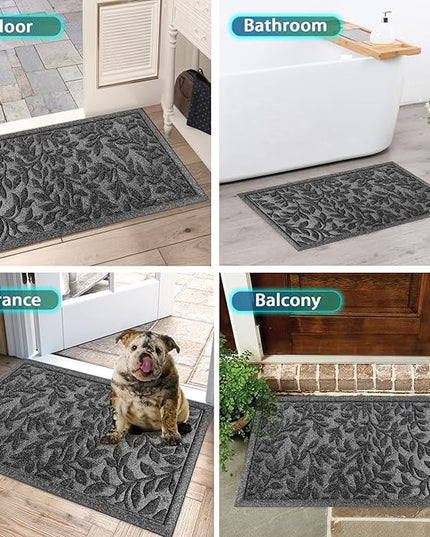 Bulijojo Sturdy Front Entrance Doormats,Durable Heavy Duty Welcome Mat,Thick Absorbent Natural Rubber Non Slip Mat,Easy Clean Entryway Mat Leaves Grey 23"x35"
