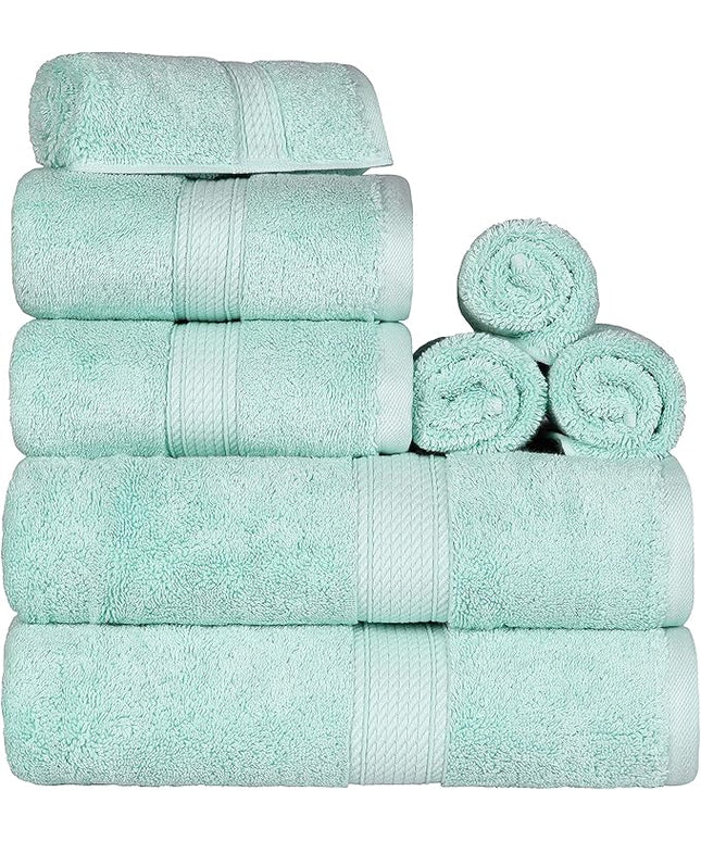 Superior Egyptian Cotton Pile 8 Piece Towel Set, Includes 2 Bath, 2 Hand, 4 Face Towels/Washcloths, Ultra Soft Luxury Towels, Thick Plush Essentials, Guest Bath, Spa, Hotel Bathroom, Sea Foam