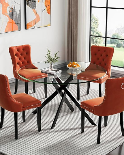 HomVent 5 Piece Round Glass Dining Table Set, Tempered Glass Dinner Table Set for 4 Kitchen Table Set with 4 Velvet Upholstered Chairs for Kitchen Dining Room