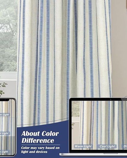 DriftAway Farmhouse Linen Blend Blackout Curtains 54 Inches Long for Bedroom Vertical Striped Printed Linen Curtains Thermal Insulated Lined Treatments for Living Room 2 Panels W52 x L54 Linen Navy