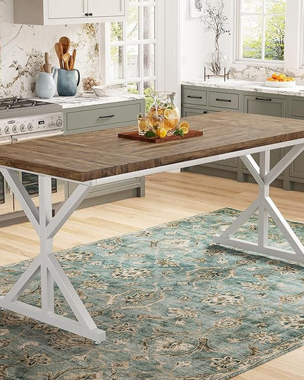 70.8 Inch Rectangular Dining Table for 6-8 People, Farmhouse Kitchen Table with Metal Base & Solid Wood Top, Easy Assembly, Water-Resistant, for Dining Room & Kitchen, Natural & White