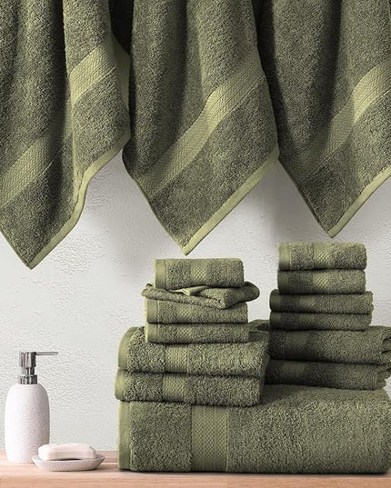 Lane Linen 100% Cotton Luxury Bath Towel Set - 16 Pieces - Ring Spun, Super Soft & Highly Absorbent - 4 Bath, 8 Washcloths, 4 Hand Towels for Bathroom - Minimal Lint & Fading, Pre Shrunk - Olive Green