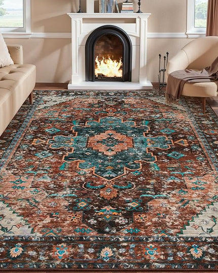 Ciicool Vintage Area Rug 8'x10' Oriental Print Rugs for Bedroom, Living Room, Under Table, Office, Entryway - Brick Red/Dull Teal
