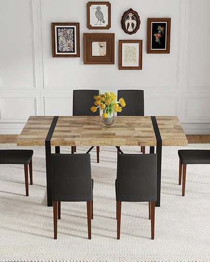 Dining Table Set for 6，Dinner Table Set for 6，71'' Kitchen Table and PU Leather Chairs Set of 6，6 Chair Dining Table Set for Kitchen Dining Room