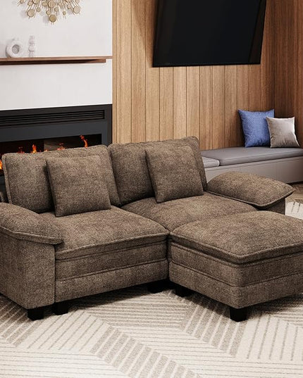 87-Inch L Shaped Sectional Sofa with Cloud Cushions, Deep Seat Modular Couch Set w/ 3 Seats & 1 Ottomans, Removable Arms, Plush Chenille Upholstery for Living Room, Apartment - Taupe