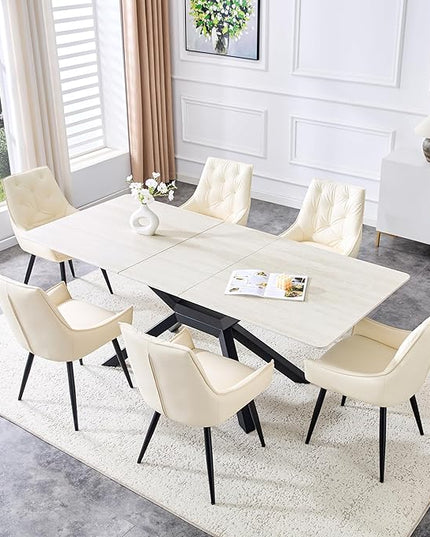 Expandable Dining Table(63"-79"),Seat 6-10,Effortless One-Hand Extension Sintered Stone Table with 0.08" Thick Carbon Steel Legs,Heat Resistant Modern Rectangular Kitchen Table for Dining Room