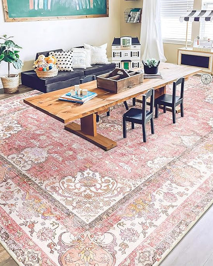 9'x12' Area Rugs Washable,Large Pink Rug for Living Room Bedroom Dining Room,Boho Vintage Bohemian Distressed Oriental Carpet Non Slip,Blush Floral Flowers