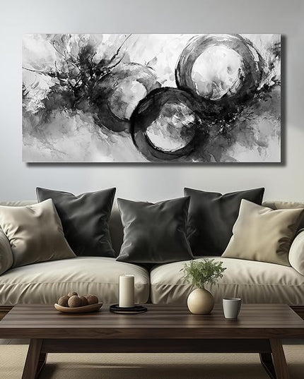 JuhaiArt Black Wall Art Large Abstract Picture Wall Decor White Canvas Art Circle Modern Artwork for Living Room Office 24"x 48"
