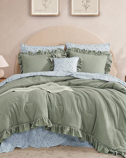 Full Comforter Set - 7 Pieces Ruffle Sage Green Bedding Sets, Shabby Chic Farmhouse Bed in a Bag Full with Ruffle Comforter, Floral Sheets, Pillowcases & Shams