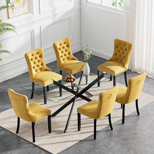 Modern 7-Piece Glass Dining Table Set for 6, Modern 60" Rectangle Black Glass Dining Room Table Set with Yellow Velvet Tufted Chairs Wood Legs for Kitchen Dining Room