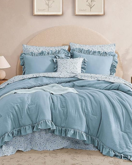 Queen Comforter Set - 7 Pieces Ruffle Blue Bedding Sets, Shabby Chic Farmhouse Bed in a Bag Queen with Ruffle Comforter, Floral Sheets, Pillowcases & Shams