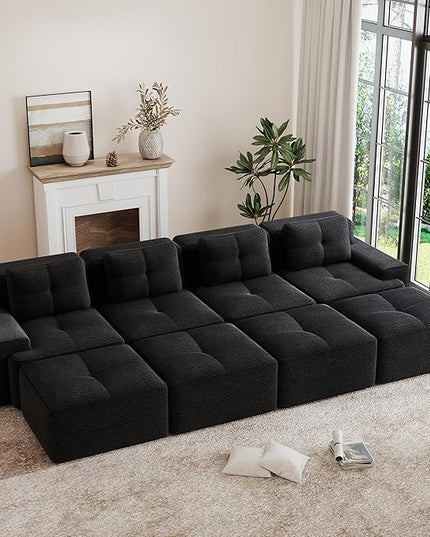 Hommoo Oversized Modular Sectional Sofa, 8 Seat Sleeper Sofa Bed, Comfy Corduroy Couch with Deep Seat, 153”Convertible Boneless Couch with Ottoman for Living Room No Assembly Required Black
