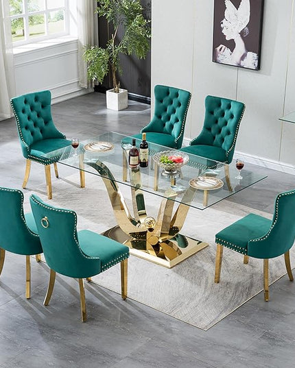 70" Modern Gold Glass Dining Table Set for 6, 7-Piece Rectangle Kitchen Dining Room Table Set with Steel Base & 6 Green Velvet Upholstered Chairs, Modern Glass Kitchen Table and Chairs Set of 6