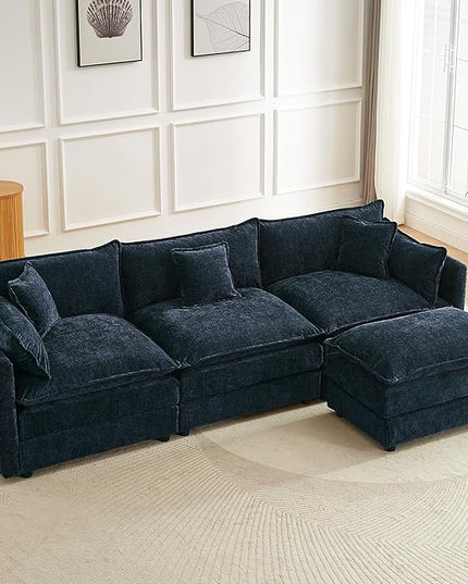 Modular Sectional Sofa, 112.2 Inch L Shaped Couch Set with Armrests, 3-Seater Comfy Cloud Couches with Movable Ottoman for Living Room Apartment, Blue