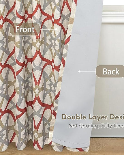 DriftAway Alexander Blackout Curtains for Living Room Linen Blend Pattern Match Thermal Insulated Room Darkening Geo Moroccan Mid Century Back Tab Bedroom Drapes 2 Panels 52 x 84 Inch Linen Red