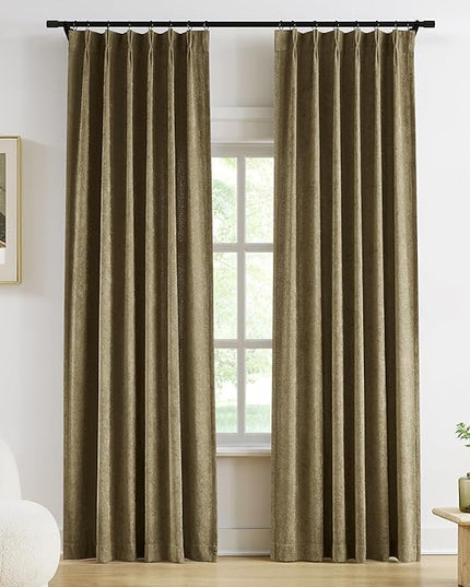 Vision Home Mocha Brown Pinch Pleated Light Filtering Curtains Velvet Chenille Semi-Blackout Window Curtain Panels 90 inch for Living Room Bedroom Pinch Pleat Drapes with Hooks 36" Wx90Lx2