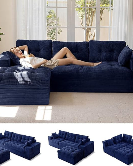 MAXYOYO 104" L Shaped Modular Sectional Sofa with Ottoman, Cloud Boneless Couch with Layered Cushion, Upholstered Sofa in a Box, Flexible Module Combination for Living Room, No Assembly, Navy