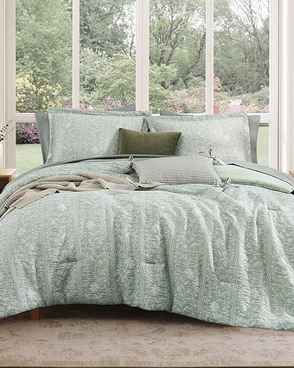 King Comforter Set -7 Pieces Green Floral Comforter Set for All Seasons, Bed in a Bag King with Botanical Flowers Comforter, Sheets, Pillowcases & Shams