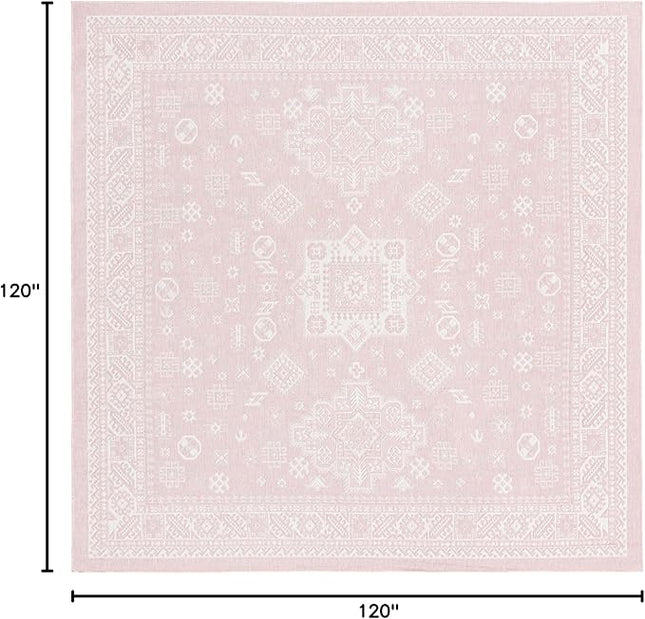 Rugs.com Outdoor Aztec Collection Rug – 10 Ft Square Pink Flatweave Rug Perfect for Living Rooms, Kitchens, Entryways