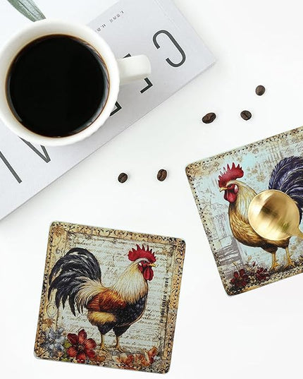 Rooster Coasters Square Leather Drinks Coaster Set with Holder for Coffee Table Bar Home Decor 4 Inches Set of 6