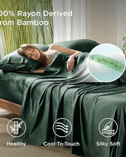 Bedsure King Size Sheets Set, Cooling Sheets for Hot Sleepers, Rayon Derived from Bamboo, Breathable & Soft, Deep Pocket Up to 16 Inches, Hotel Luxury Silky Bedding, Forest Green
