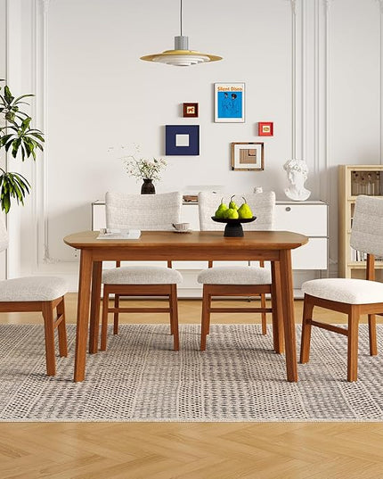 5-Piece Wooden Dining Set Mid-Century Modern Dinner Table and 4 Upholstered Chairs Rectangular Table with Chairs Set Rubberwood Legs Linen Padded Seat & Backrest for Dining Room Kitchen Apartment