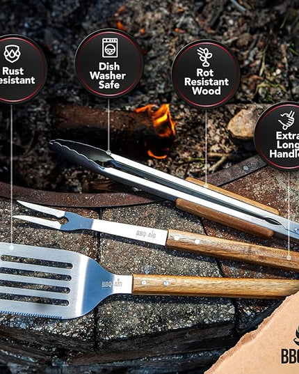 3 Piece BBQ Grilling Accessories Set - BBQ Tongs Spatula Fork Set - Heavy Duty Stainless Steel Barbecue Grill Tools with Solid Hard Wood Handles Great Gift Set