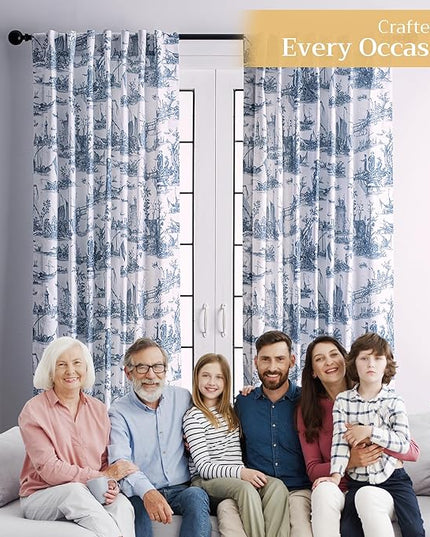 Maison d' Hermine Curtains for Living Room 100% Cotton 108 inch Length One Panel Light Filtering Toile Curtains for Bedroom with Rod and Loop Pockets (Calais Blue (White Background), 50" W x 108" L)