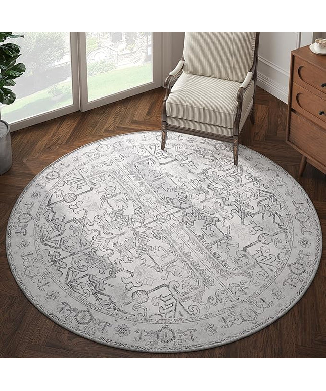 jinchan Lima Round Rug 6ft Vintage Machine Washable Area Rug Indoor Circle 6' Ultra-Thin Non-Slip Floral Print Carpet for Farmhouse Entryway Dining Room Living Room Bedroom Office (6'Round, Grey)