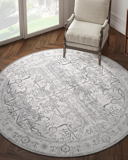 jinchan Lima Round Rug 5ft Vintage Machine Washable Area Rug Indoor Circle 5' Ultra-Thin Non-Slip Floral Print Carpet for Farmhouse Entryway Dining Room Living Room Bedroom Office (5'Round, Grey)