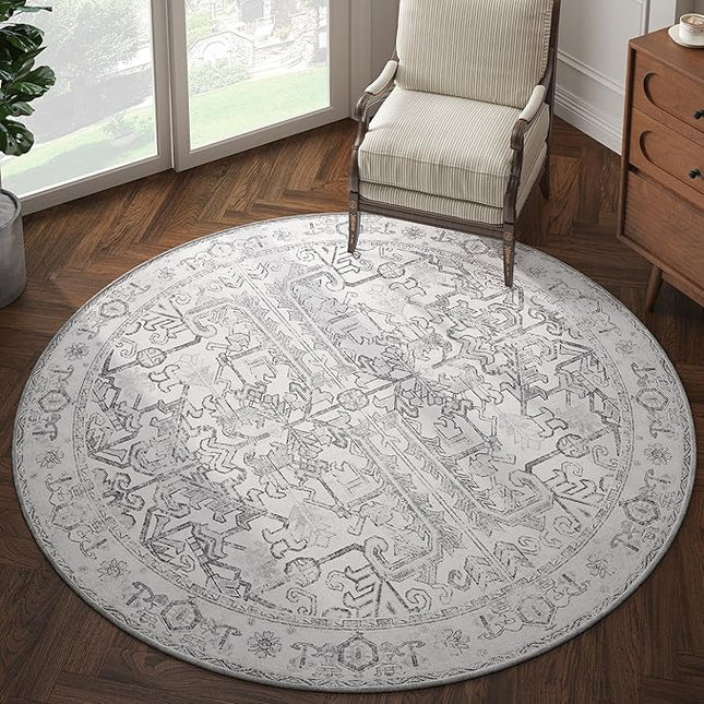 jinchan Lima Round Rug 5ft Vintage Machine Washable Area Rug Indoor Circle 5' Ultra-Thin Non-Slip Floral Print Carpet for Farmhouse Entryway Dining Room Living Room Bedroom Office (5'Round, Grey)