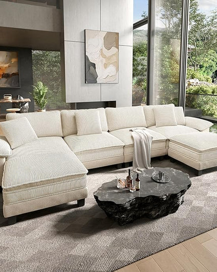 HERA'S HOUSE 158" Modular Sectional Sofa, Oversized U Shaped Couches for Living Room, Comfy Cloud Couch with Ottoman, 6-Seater Deep Seat Sofa with Throw Pillow, Corduroy and Chenille Beige