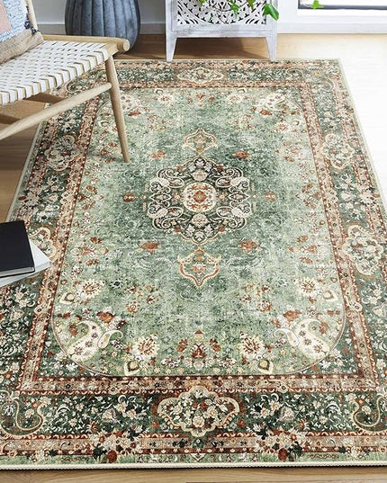 Green Rug 4'x6.5',Washable Area Rugs for Bedroom Living Room Kitchen Entryway,Small Boho Vintage Bohemian Distressed Oriental Non Slip Carpet