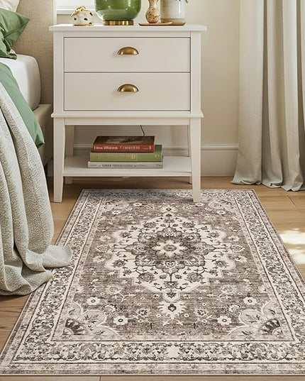 Washable Entryway 3x4 Rug - Area Rugs for Kitchen Bathroom Non-Slip Ultra-Thin Indoor Door Mat Indoor Entrance - Stain Resistant Small Throw Carpet (Beige, 3X4)