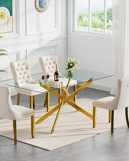 Modern 5-Piece Glass Dining Table Set for 4, Modern 60" Rectangle Gold Glass Dining Room Table Set with Milk White Velvet Tufted Chairs Wood Legs for Kitchen Dining Room