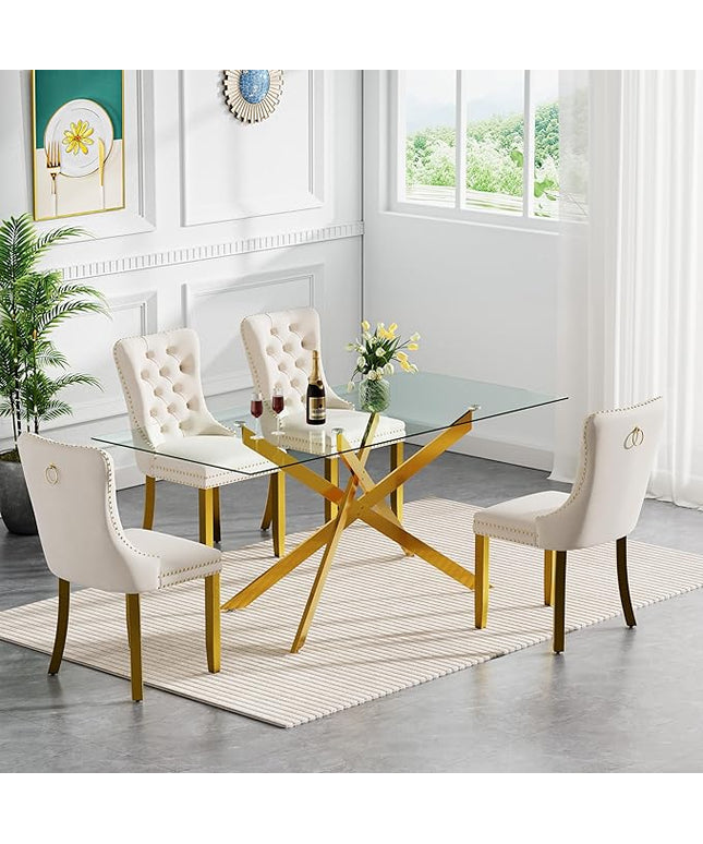 Modern 5-Piece Glass Dining Table Set for 4, Modern 60" Rectangle Gold Glass Dining Room Table Set with Milk White Velvet Tufted Chairs Wood Legs for Kitchen Dining Room