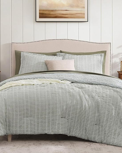 Queen Comforter Set - 7 Pieces Green Gauze Muslin Bedding Sets for All Seasons, Lightweight Breathable Bed in a Bag Queen with Revesible Farmhouse Comforter, Sheets, Pillowcases & Shams