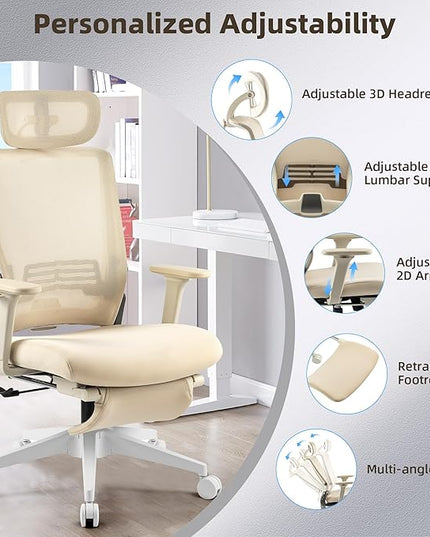 Foldable Office Chair with Foot Rest, Ergonomic Office Chair with Adjustable Lumbar Support, Headrest, Armrest, Home Office Desk Chair for Space Saving, Work from Home, Cream
